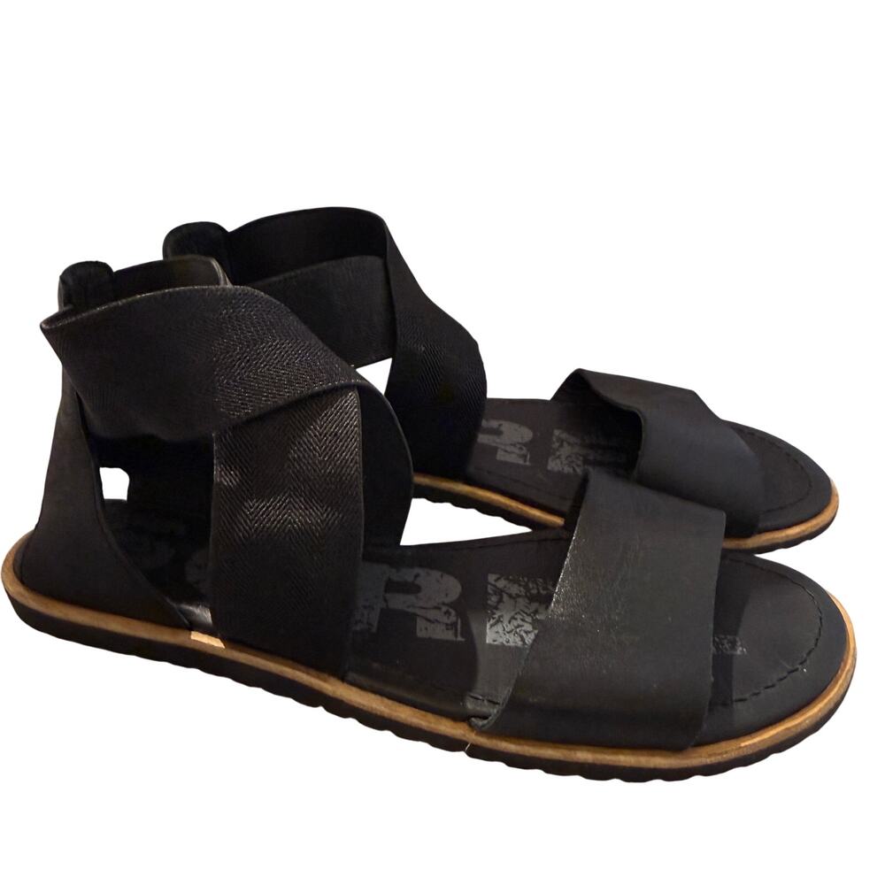 Sorel Black Ella Leather Cross Ankle Strap Sandals Size 6.5